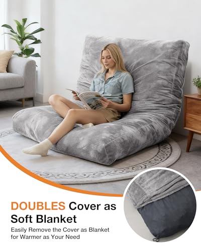 YEFU Bean Bag Chair for Adults: 4-in-1 Convertible Giant Bean Bag Bed, Overstuffed Memory Foam Floor Couch with Two Machine Washable Covers, Large Chair Bed for Living Room Bedroom, Full Grey - size: Full