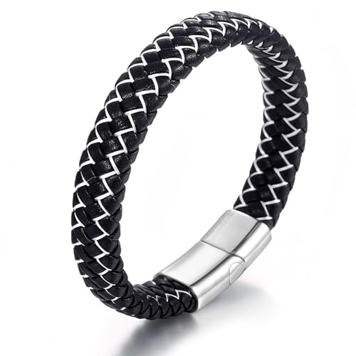 Men's Leather Bracelet, Stackable Stainless Steel Clasp Bracelets for Men Stylish Birthday, Thanksgiving, Valentine's Day Gift for My Man - style: 8" Black and White