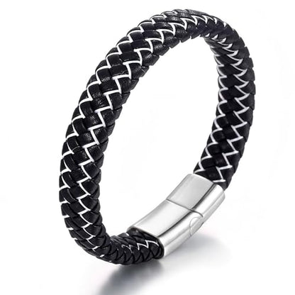 Men's Leather Bracelet, Stackable Stainless Steel Clasp Bracelets for Men Stylish Birthday, Thanksgiving, Valentine's Day Gift for My Man - style: 8" Black and White