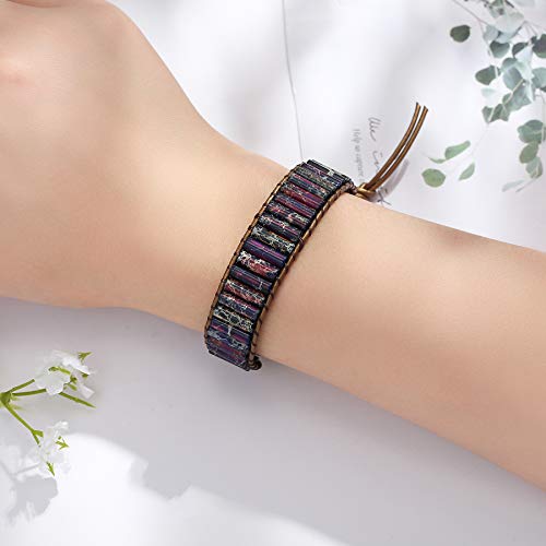 Women Boho Handmade Natural Stone Crystal Leather Bead Wrap Bracelets Collection - style: Purple Jasper 1W