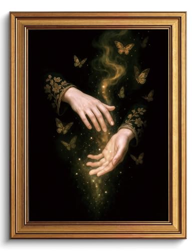 Vintage Gold Framed Wall Art Dark Academia Canvas Art Prints Gothic Pictures Whimsical Wall Decor Magic Hands Butterfly Painting Fantasy Artwork for Living Room Bedroom Bathroom12x16in - color: Magic Hands, size: 12x16in Gold Framed