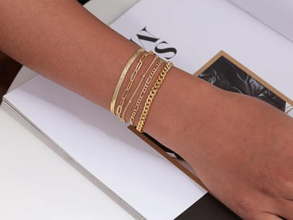 DEARMAY Gold Bracelets for Women Waterproof, 14K Gold Plated Stackable Jewelry Sets Non Tarnish Trendy Thin Dainty Cuban Link Paperclip Chain Bracelet Stack Fashion Accessories Gifts for Womens - style: 5Pcs BRACELET E