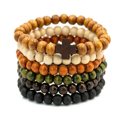 6-Piece Stack, Cross Bangle Wooden Bead Bracelet Set - Beaded Bracelets for Women Men 8mm Round Beaded Stretch Bracelets Unisex Yoga Bracelet