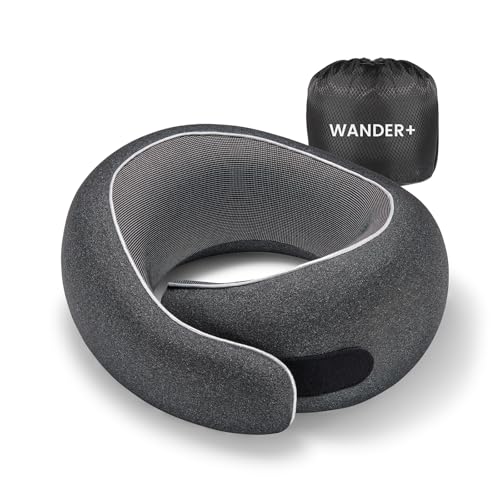 WANDER PLUS® Travel Neck Pillow, Pure Memory Foam Neck Pillow for Airplanes, Comfortable Breathable Cover, 360 Degree Support Ergonomic Design Best for Sleeping Plane Train Travel Essentials Max Black - color: Black