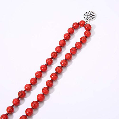 108 Mala Beads Necklace Semi-Precious Gem Stones Meditation Necklace 108 Hand Knotted Japa Mala Beaded Tassel Necklace with Tree of Life Pendant - color: Red Turquoise