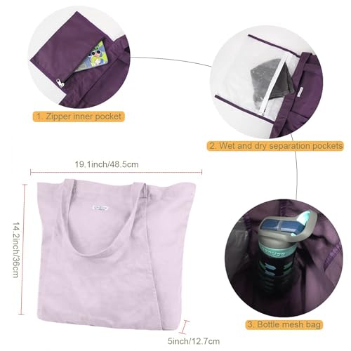 Yoga Mat Bag for Women, 100% Cotton Canvas Tote with Wet/Dry Pocket, Bottle Holder and Inner Zipper Pocket, 25L Carrier for Pilates and Travel - color: Lilac