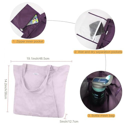 Yoga Mat Bag for Women, 100% Cotton Canvas Tote with Wet/Dry Pocket, Bottle Holder and Inner Zipper Pocket, 25L Carrier for Pilates and Travel - color: Lilac