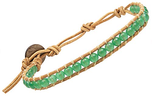 Infinityee888 Leather Bracelet Light Brown Wrap Beads Natural Stone Adjustable for Men Women Teen Yoga Handmade Bohemian Gypsy Boho - color: Green