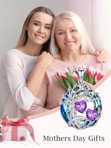 TOUPOP s925 Sterling Silver Family Celtic Tree of Life Pendant Necklaces with 2 Heart Birthstone with Blue Austrian Crystal Jewelry Birthday Valentines Day Gifts for Her, Anniversary Christmas Gifts for Wife Girlfriend Mom (18K Real White Gold Filled) - c