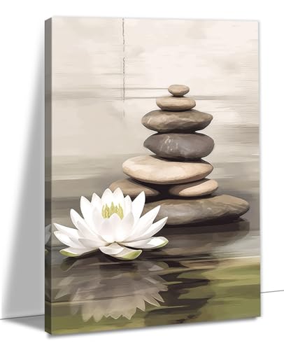 OAAPITI Zen Stones & Lotus Flower Wall Art Minimalist Meditation Decor for Living Room Bathroom Bedroom Home Ready to Hang(Artwork-1,16"x24") - color: Artwork-1, size: 24L" x 16W"