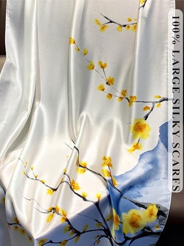 Large Shawl Scarf For Women Lightweight Wraps Silky Headscarf Long Sunscreen Scarfs - color: T2 White Blue Flower / 70"x 35"