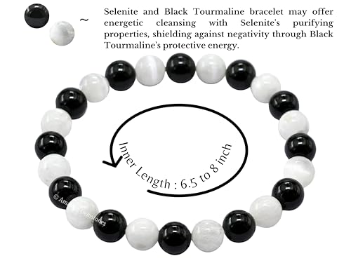 Amazing Gemstone Crystal Bracelet for Women Men's Gifts - Protection Healing Crystal Bracelet - 8mm Gemstone Beaded Stretchable Bracelet Pulseras Para Hombres Mujer Stocking Stuffers Mothers Day Gift (Black Tourmaline Selenite) - color: Black Tourmaline S