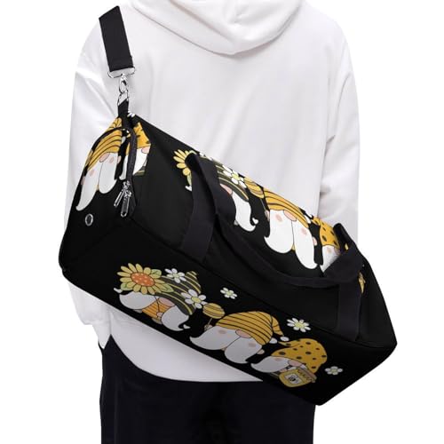 Sunflower Bee Cute Cartoon Gnome Black Large Capacity Portable Fitness Bag, Easy to Carry - color: Sunflower Bee Cute Cartoon Gnome Black