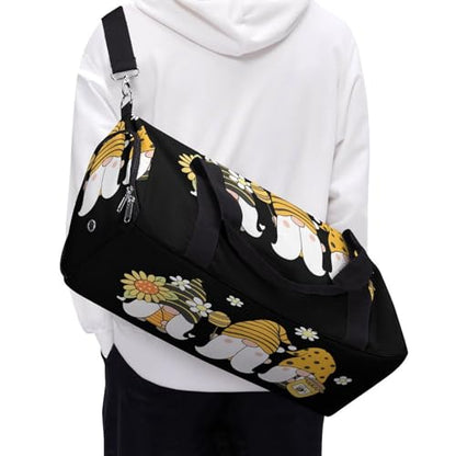 Sunflower Bee Cute Cartoon Gnome Black Large Capacity Portable Fitness Bag, Easy to Carry - color: Sunflower Bee Cute Cartoon Gnome Black