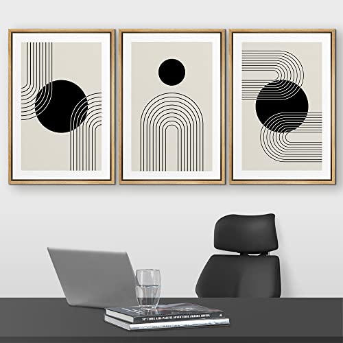 wall26 Framed Wall Art Print Set Boho Black Dots with Swirling Line Art Abstract Patterns Digital Art Modern Art Bohemian Chic Relax/Calm for Living Room, Bedroom, Office - 16"x24"x3 Natural - color: B124-2111-yui53, size: 16" x 24" x 3 Panels NATURAL
