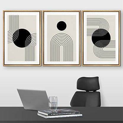wall26 Framed Wall Art Print Set Boho Black Dots with Swirling Line Art Abstract Patterns Digital Art Modern Art Bohemian Chic Relax/Calm for Living Room, Bedroom, Office - 16"x24"x3 Natural - color: B124-2111-yui53, size: 16" x 24" x 3 Panels NATURAL