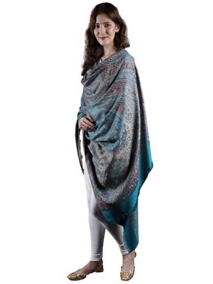 Exotic India Reversible Jamawar Shawl with Woven Paisleys - Wool - color: Duck Blue