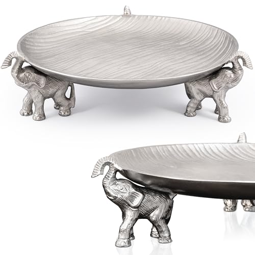 Round Tray with Elephant Stand – Silvery Decorative Tray for Coffee Table Tray, Dining Table Centerpiece Decor, Round Trays Home Decor, Serving Tray for Kitchen Counter Decor - color: Silvery