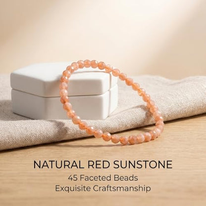 Angelstones Natural Gemstone Small Beaded Stretch Bracelet, 4mm Faceted Round Beads, Crystal Healing Bracelet for Women - color: Red Sunstone