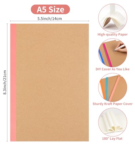 30 Pack Blank Notebook Journals Bulk, A5 Unlined Paper Composition Notebook, 8.3”x 5.5”, Kraft Cover with Rainbow Spines, 15 Colors 60 Pages for School Office Travel