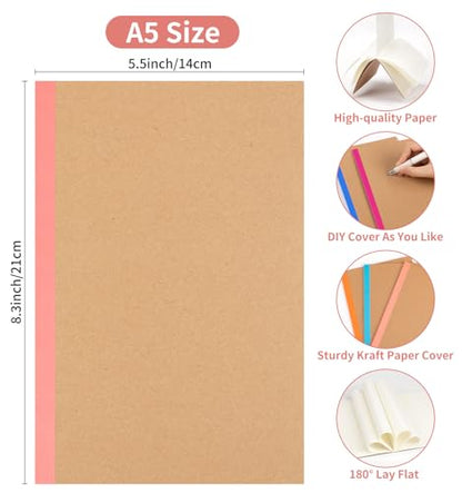 30 Pack Blank Notebook Journals Bulk, A5 Unlined Paper Composition Notebook, 8.3”x 5.5”, Kraft Cover with Rainbow Spines, 15 Colors 60 Pages for School Office Travel