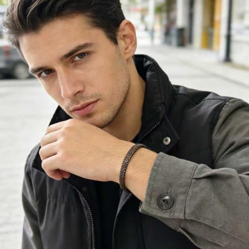 Men's Leather Bracelet, Stackable Stainless Steel Clasp Bracelets for Men Stylish Birthday, Thanksgiving, Valentine's Day Gift for My Man - style: 8.2" Long 5MM Wide Brown