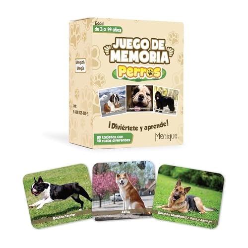 Menique – Dogs Memory Matching Game – Bilingual – 80 Cards (40 Pairs) with Real Photographs – Educational Game for Kids and Adults - style: Dogs