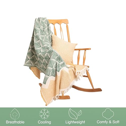 Throw Blanket, Palm Leaf and Diamond Patterns, 70x50 inches - color: Green/Orange