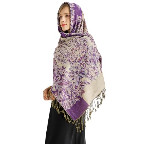 Silky Paisley Pashmina Shawl Scarf-Women's Soft Double-side Jacquard Pashminas Wrap for Evening Dress Travel Shawl - color: B-purple/Beige