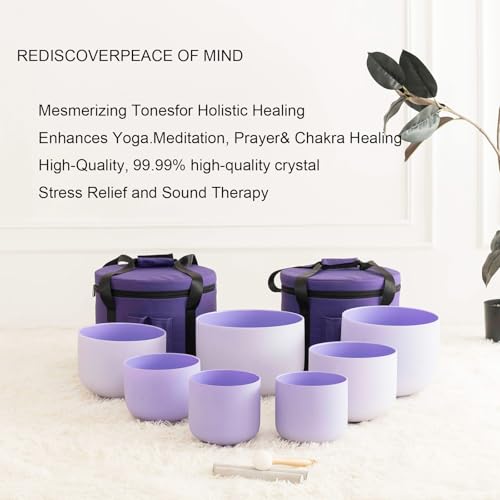 Hye-eun 432hz Purple Crystal Singing Bowls Set of 7Pcs Quartz Frosted Sound Chakra Bowls with Carrying Case for Yoga Meditation Healing Percussion Instruments - color: 7-12inch 432hz Purple 7pcs