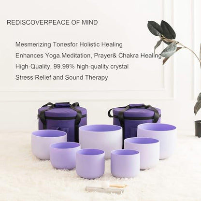 Hye-eun 432hz Purple Crystal Singing Bowls Set of 7Pcs Quartz Frosted Sound Chakra Bowls with Carrying Case for Yoga Meditation Healing Percussion Instruments - color: 7-12inch 432hz Purple 7pcs