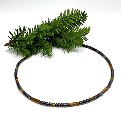 Healing Stress Anxiety Meditation Grounding Energy Gemstone Necklace Series - color: Tiger Eye & Hematite -4 mm- Stone Tube Beads