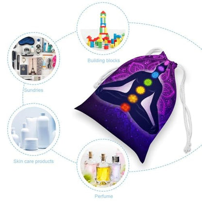 Teeth Dental Seamless Pattern Double Sided Printed Canvas Drawstring Storage Bag - color: Seven Chakra Yoga Meditation Lotus Purple Man, size: 12*18cm