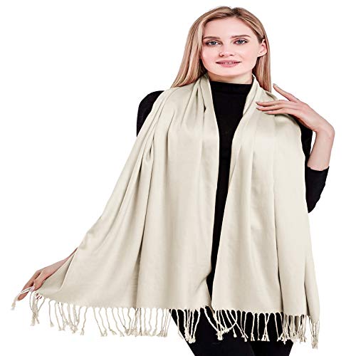 CJ Apparel Solid Color Tassels Design Nepalese Shawl Scarf Wrap Stole Throw Head Wrap Pashmina Gift Hand Made in Nepal New - color: Off White A1090