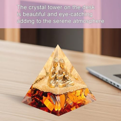 Natural Tiger's Eye Stone Orgone Pyramid, Orgonite Crystal Healing Pyramid with Built-in Buddha Statue, Attract Wealth Success, Prosperity, Balance Chakra Used for Meditation & Healing, 6cm - color: Yellow2
