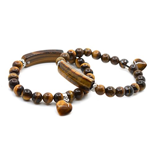Justinstones Gem Semi Precious Gemstone Love Heart Charm Stretch Beaded Bracelet Unisex - color: Golden Tiger Eye