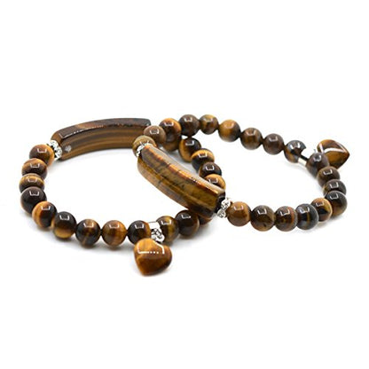 Justinstones Gem Semi Precious Gemstone Love Heart Charm Stretch Beaded Bracelet Unisex - color: Golden Tiger Eye