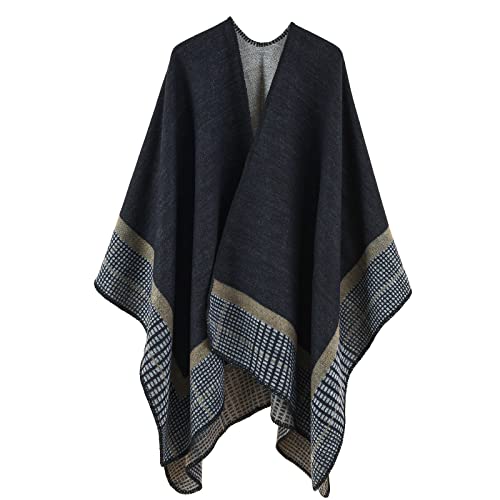 Shawl Wraps for Women, Elegant Knitted Cape Open Front Poncho Scarf Blanket Cardigan Coat for Spring, Autumn, and Winter - color: Black Gray Khaki