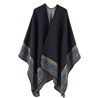 Shawl Wraps for Women, Elegant Knitted Cape Open Front Poncho Scarf Blanket Cardigan Coat for Spring, Autumn, and Winter - color: Black Gray Khaki