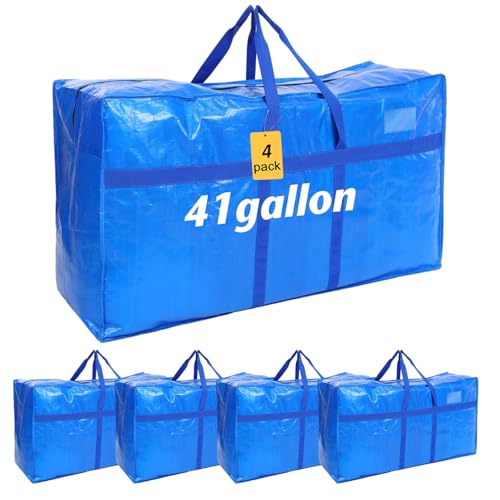 4 Pack 41 Gallon Extra Large Moving Bags XXL Heavy Duty Storage Bag with Strong Zipper Handle Jumbo Big Tote Box Foldable for College Dorm Travel Clothes Duffle Blanket Pillow(Blue) - color: Blue, size: 41 Gallon