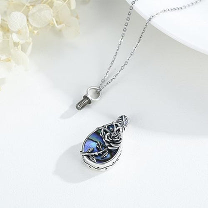 JUSTKIDSTOY Moonstone Urn Necklace for Ashes Sterling Silver Daisy/Rose/Tree Teardrop Pendant Necklace Cremation Jewelry Keepsake Memorial Gifts for Mother Grandma w/Funnel Filler - style: Rose(Abalone Shell)