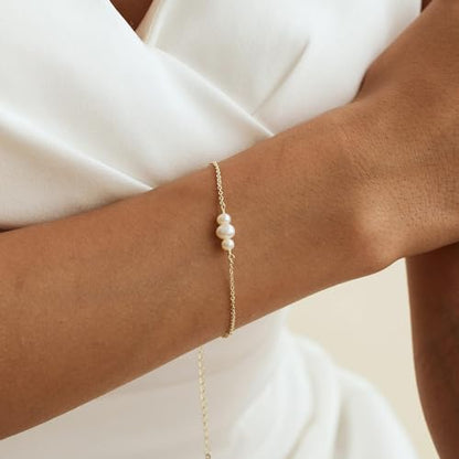 SLOONG Gold Pearl Bracelets for Women Trendy, 14K Gold Plated Dainty Stackable Layered Chain Bridesmaid Bracelets, Waterproof Wedding Jewelry for Women Adjustable 6"+2" - color: Style4(Pearl)