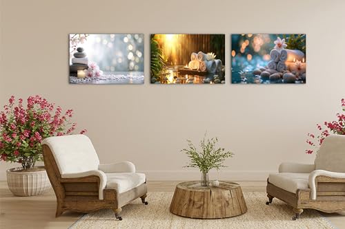 3 Pcs Zen Wall Art, Zen Stone Candle White Orchid Flower Pictures, Abstract Relax Calm Spa Paintings, Framed Zen Themed Canvas Prints Wall Decor for Living Room Bedroom Wall Home Office Artw