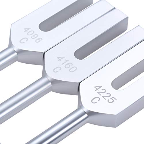 Angel Tuning Forks Set - 4096 Hz, 4160 Hz, 4225 Hz for Healing & Sound Musical Instrument, with Silicone hammer & Soft Storage Bag - color: Silver