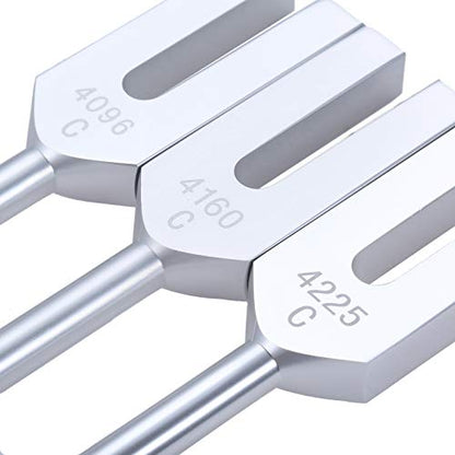 Angel Tuning Forks Set - 4096 Hz, 4160 Hz, 4225 Hz for Healing & Sound Musical Instrument, with Silicone hammer & Soft Storage Bag - color: Silver