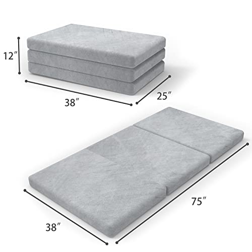SINWEEK 3.95" Full Memory Foam Folding Topper with Storage Bag - Foldable Trifold Floor Mat Topper, CertiPUR-US Certified Guest Sleeping Pad, Machine Washable Cover - size: T (38 x 75 Inch), style: High Support Foam