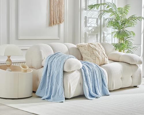Longhui bedding Chunky Cotton Knit Throw Blanket for Couch, Sofa, Bed, or Chair, Decorative Breathable Fall Cable Knit Blanket 60 x 80 Inches, Light Blue