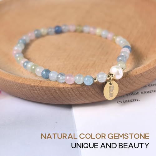 4mm Natural Gemstone Beads Stretch Bracelet for Women, With Freshwater Pearls, Energy Gem Birthday Gift for Her 7.2” - color: Morganite