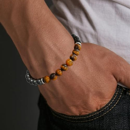 Gnamy Crystal Bracelet Gifts for Men Him- Triple Protection Hematite Black Obsidian Tiger Eye Gemstone Beaded Bracelets Birthday Healing Jewelry Gifts - style: Style 7