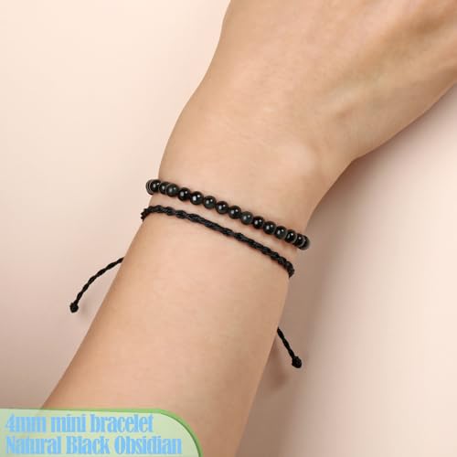 QOGIR 2pcs Handmade Healing Bracelet, Natural Gem Stone Crystal Elastic Bracelet - color: Black Obsidian(Self - Reflection), size: 4mm